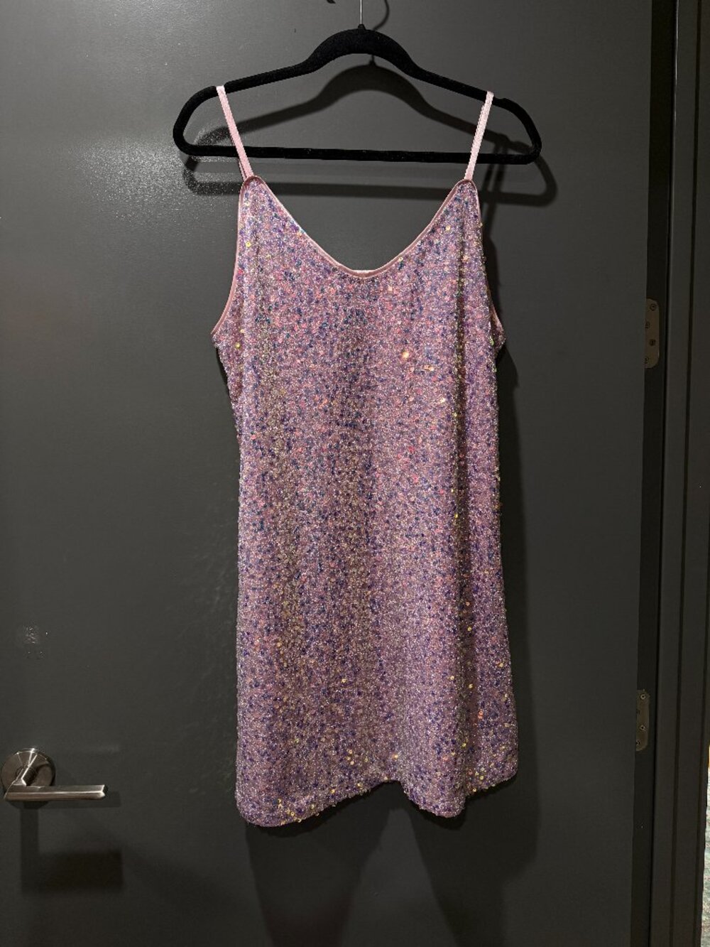 NEW Allegra K Pink Iridescent Sequin Spaghetti Strap Mini Dress L